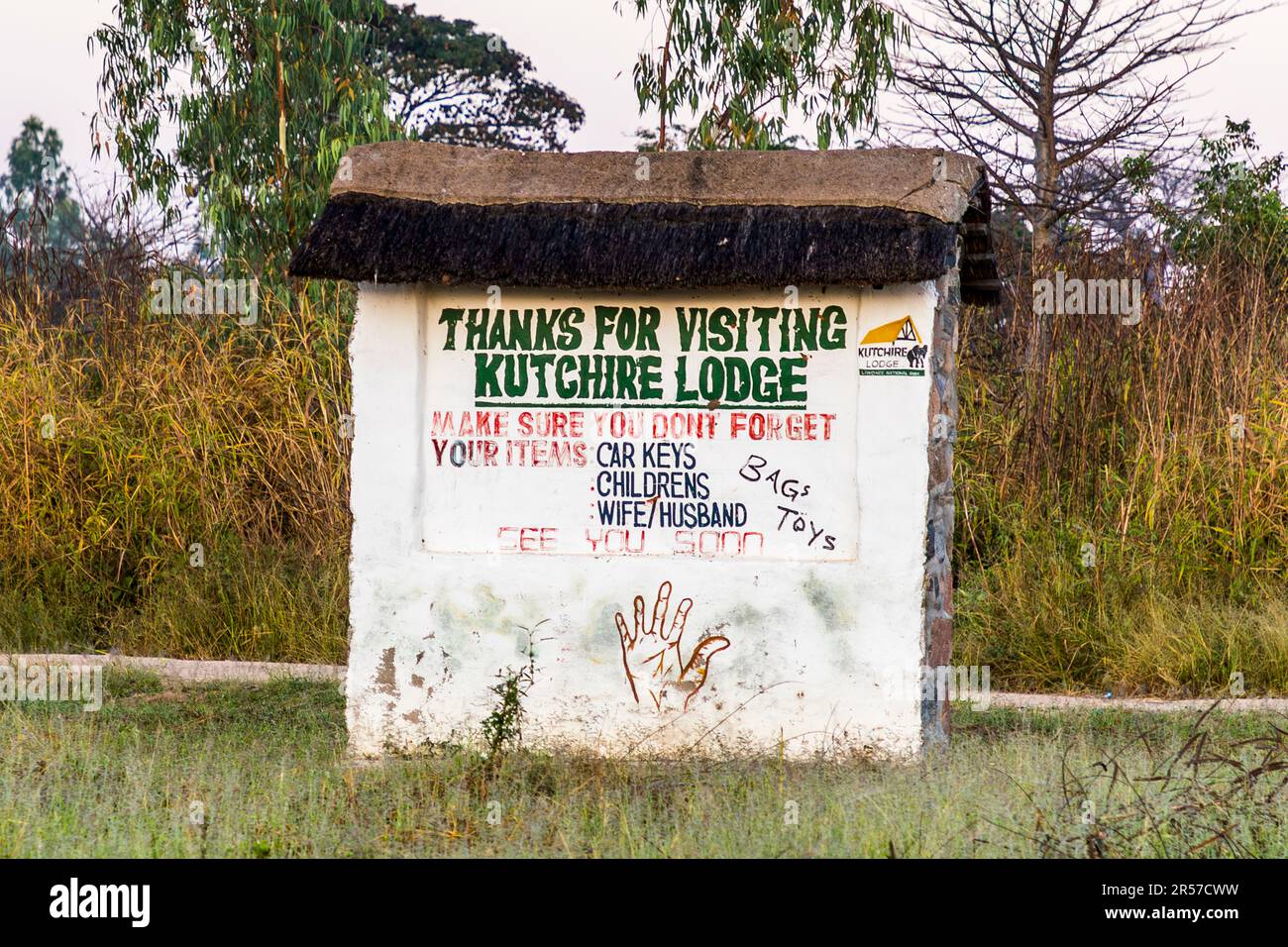 Kutchire Lodge presso il Liwonde National Park in Malawi, cartello all'uscita del Lodge 'Grazie per la visita' Foto Stock