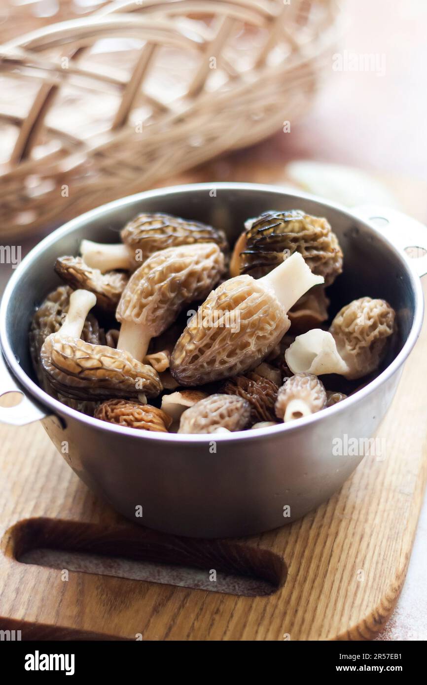 Primavera Morel funghi in una ciotola di metallo su un tagliere di legno. Primo piano Foto Stock