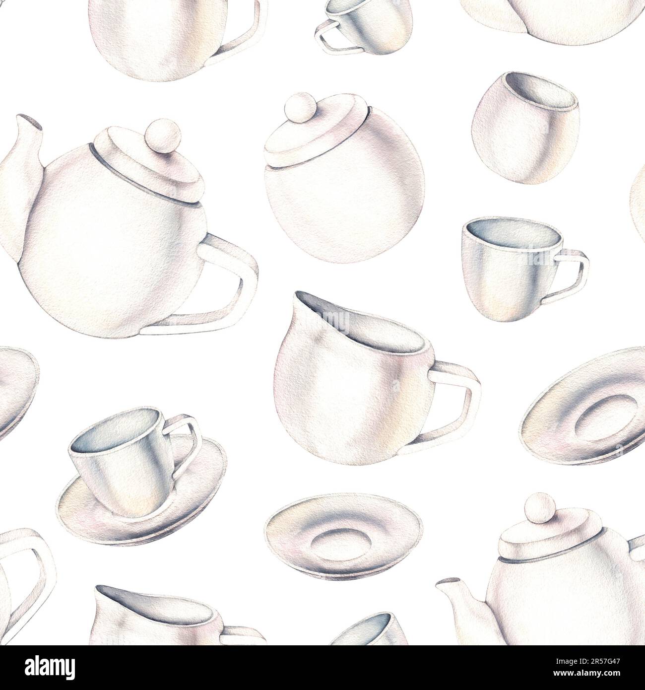 Set di tè acquerello in bianco teaware, motivo tè senza cuciture. Set da tè isolato su sfondo bianco per design tessile, tessuti, carta da parati, imballaggi, Foto Stock