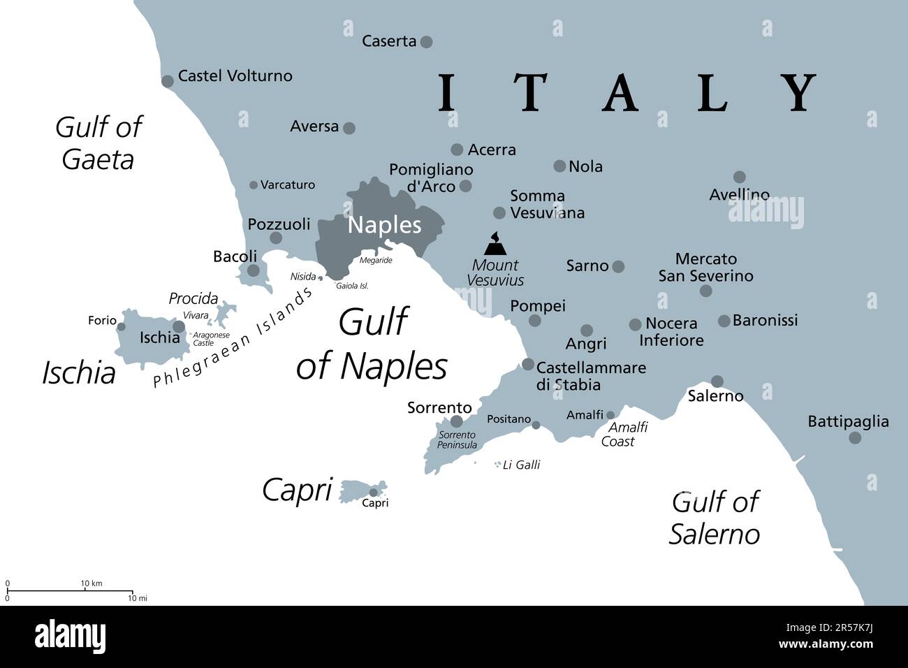 Golfo di Napoli, mappa politica grigia. Baia di Napoli, situata lungo la costa sud-occidentale dell'Italia, si apre sul Mar Tirreno. Foto Stock