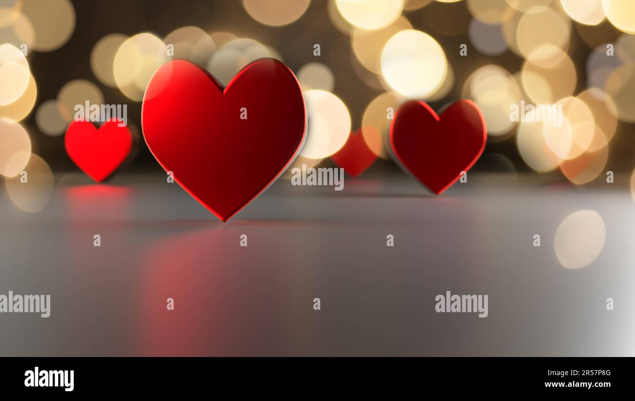 Forme rosse del cuore con effetto bokeh e riflessi, 3D rendering, amore o concetto di giorno di San Valentino Foto Stock