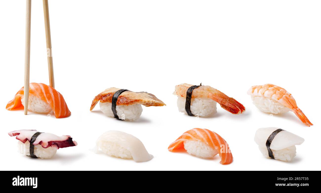Nigiri Sushi su sfondo bianco Foto Stock