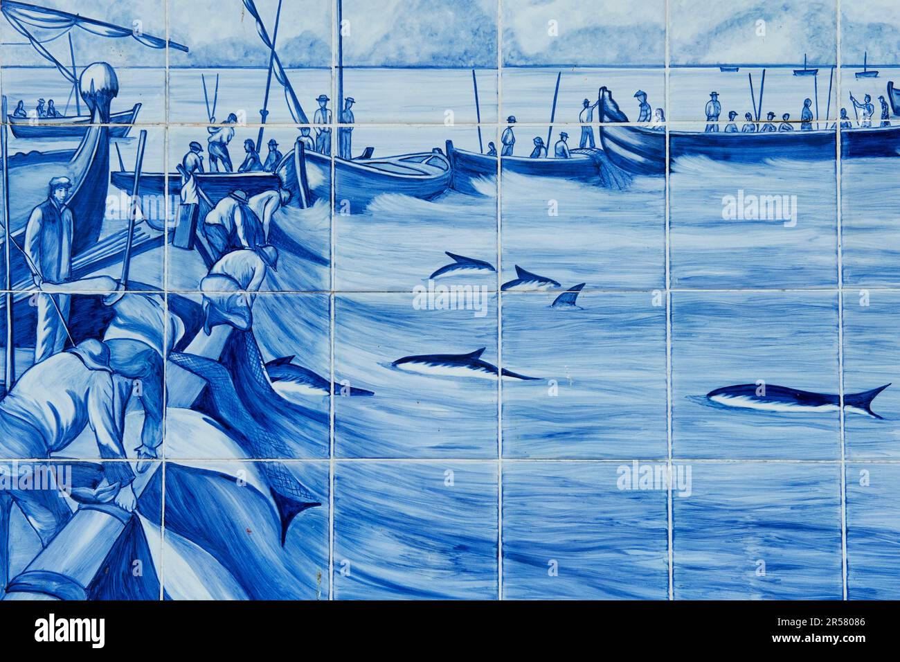 Azulejos, pesca del tonno allo spettacolo, Olhao, Algarve, Portogallo, arte ceramica, piastrelle, piastrelle Foto Stock