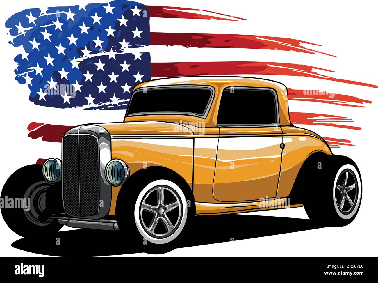 illustrazione vettoriale di hot rod con bandiera americana Illustrazione Vettoriale