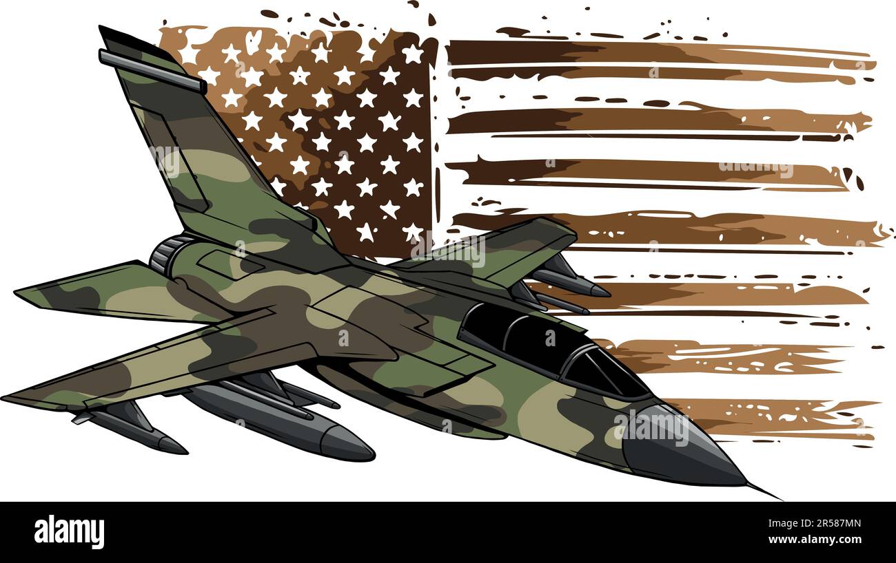 Aerei da combattimento militari con bandiera americana. Illustrazione vettoriale Illustrazione Vettoriale