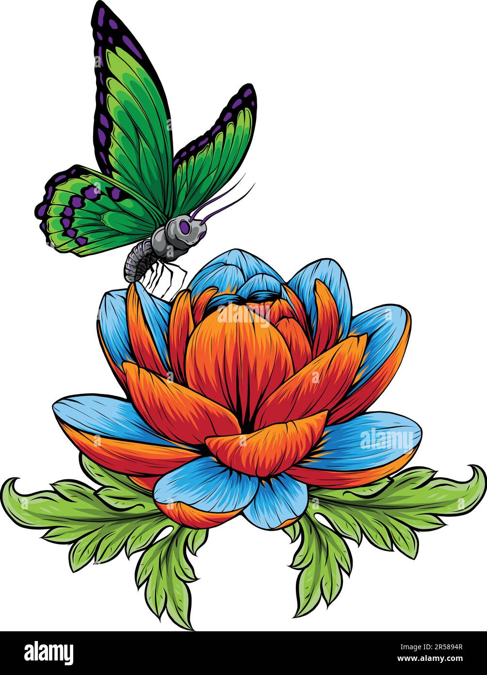 illustrazione vettoriale della farfalla sul disegno del fiore Illustrazione Vettoriale