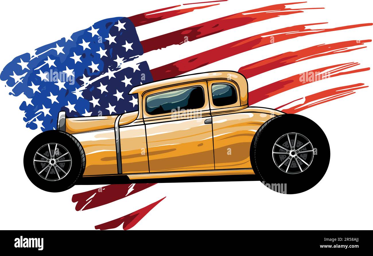illustrazione vettoriale di hot rod con bandiera americana Illustrazione Vettoriale