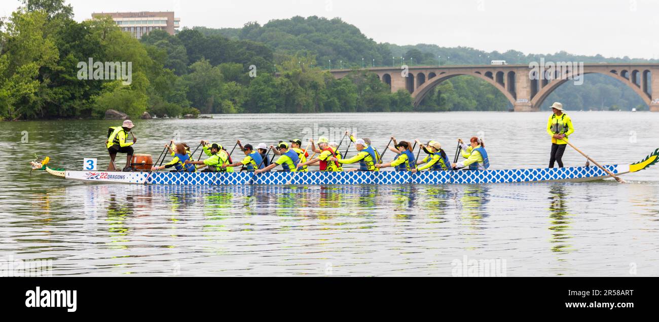 Washington, DC - i draghi fuori vista, una squadra di atleti non vedenti e ipovedenti, partecipano al DC Dragon Boat Festival sul Potomac R. Foto Stock