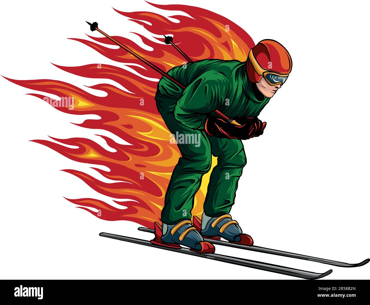 illustrazione vettoriale dello sciatore con disegno di fiamme Illustrazione Vettoriale