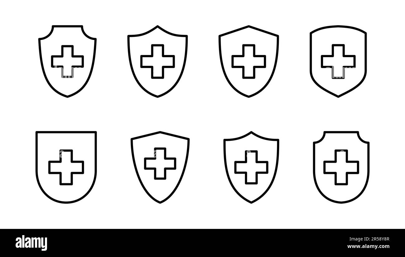 Set di icone di assicurazione sanitaria. Icona del documento sanitario di assicurazione Illustrazione Vettoriale