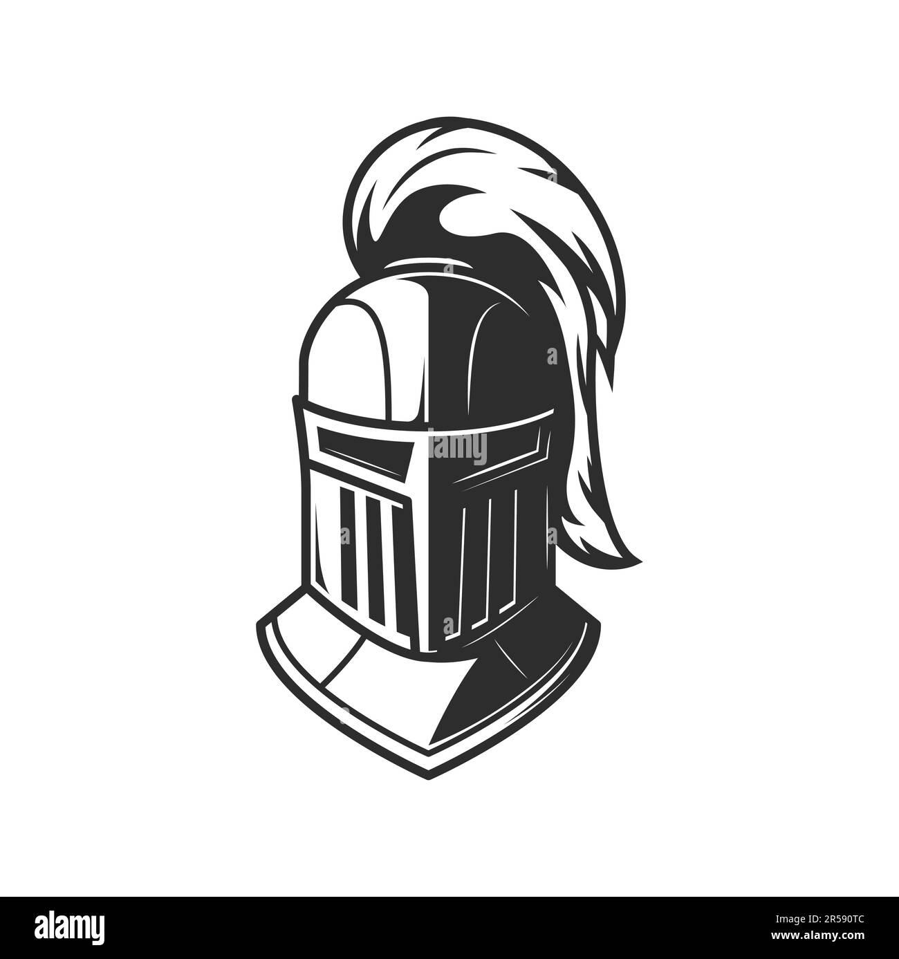 Casco guerriero Cavaliere, armatura eraldry di soldato medievale. Vector grande casco, pentola o bucket timone con pennarello e gorget isolato simbolo di cavaliere, ro Illustrazione Vettoriale