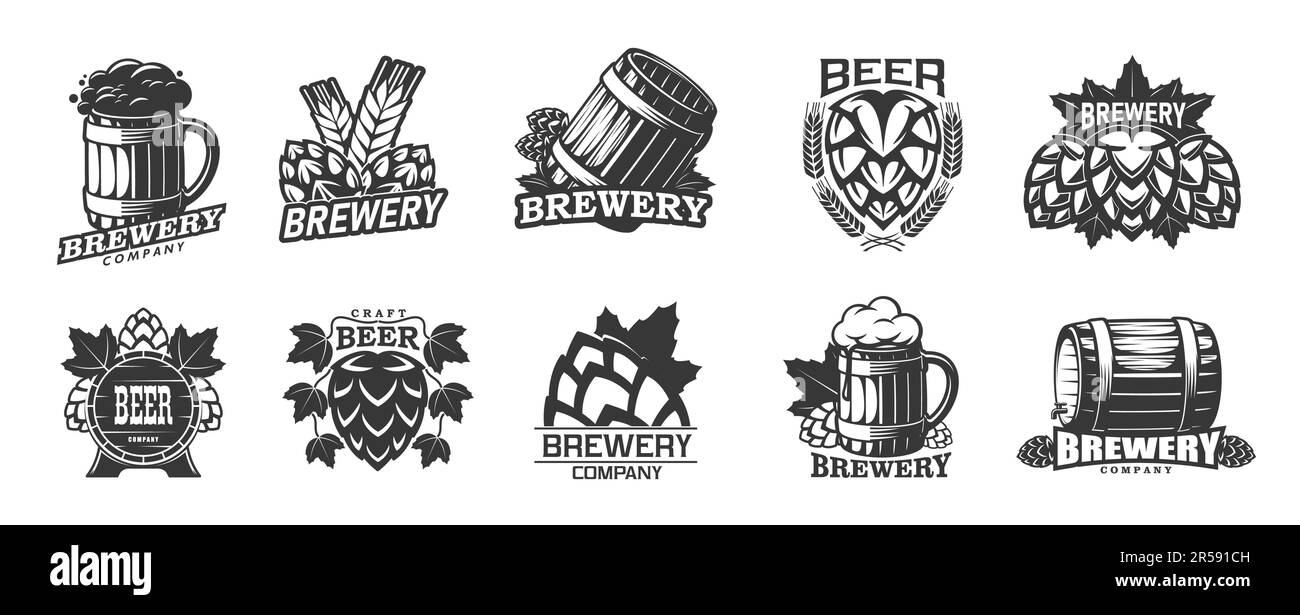 Icone della birreria, tazza, tankard, barile e whithop di malto, birra o etichette vettoriali di pub bar. Birra artigianale e bevande alcoliche distintivo o simbolo della birreria con Illustrazione Vettoriale