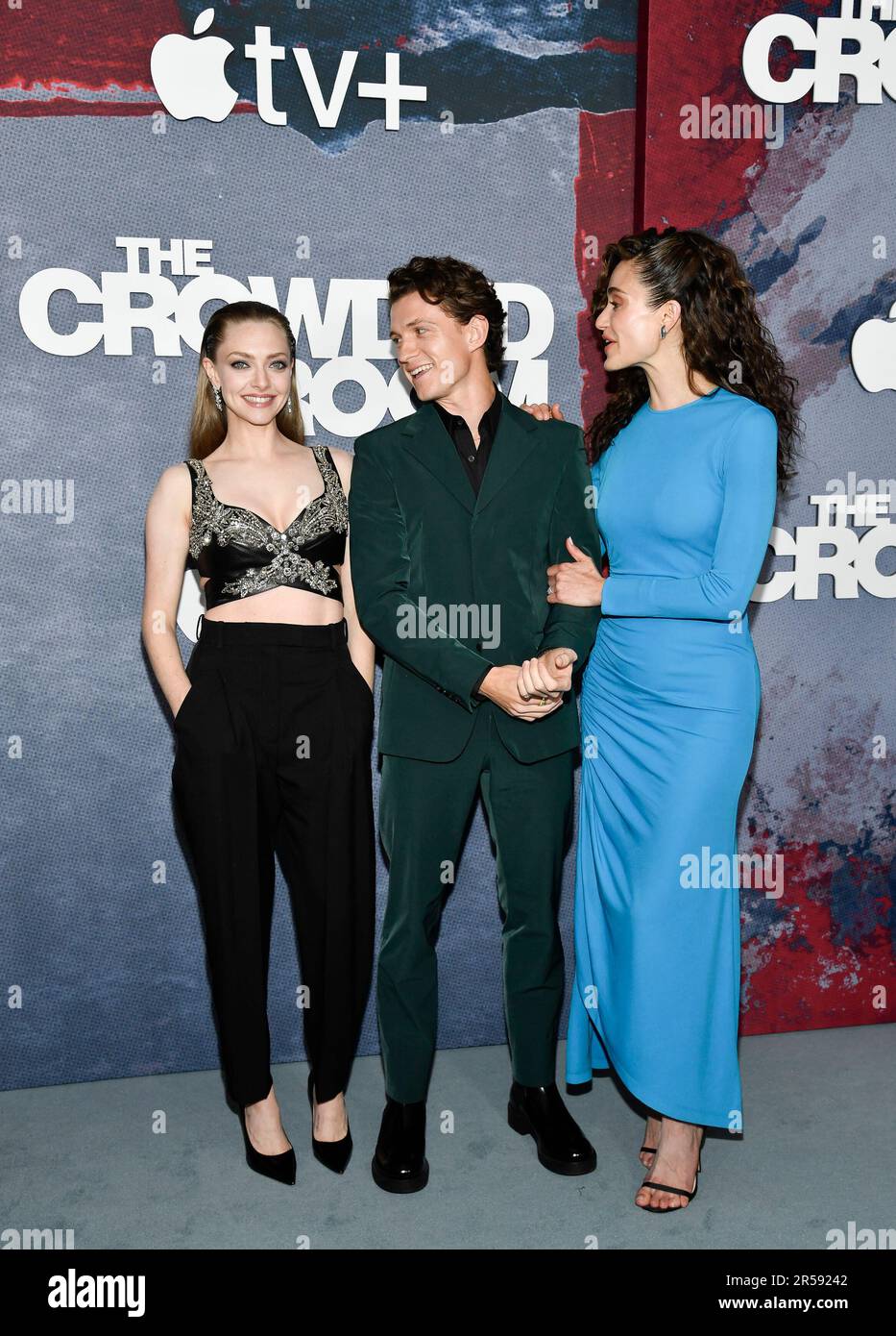 Amanda Seyfried, left, Tom Holland and Emmy Rossum attend the Apple TV+