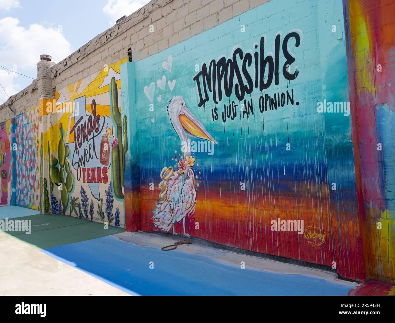 Impossibile è solo un murale di opinione con pellicano contro un arcobaleno di colori, dipinto da Whitney in Art Alley, Downtown Arts District, Baytown, Texas Foto Stock