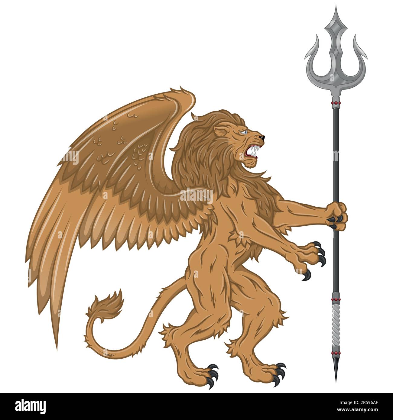 Disegno vettoriale di leone rampante alato con tridente, leone araldico con ali, creatura fantasy alata Illustrazione Vettoriale