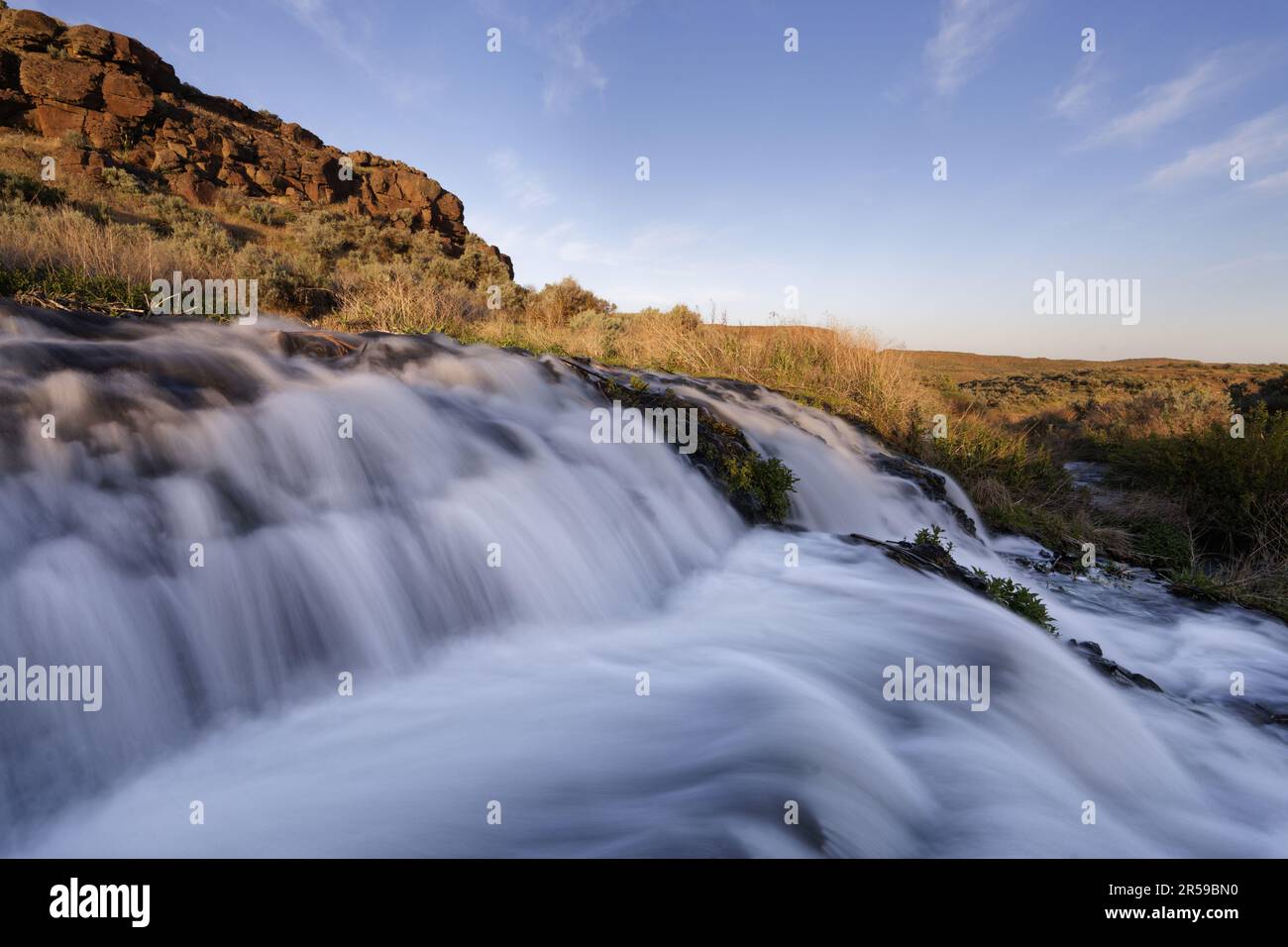 Cascata senza nome nel deserto sotto le scogliere di basalto durante il runoff primaverile, Columbia National Wildlife Refuge, Washington, USA Foto Stock