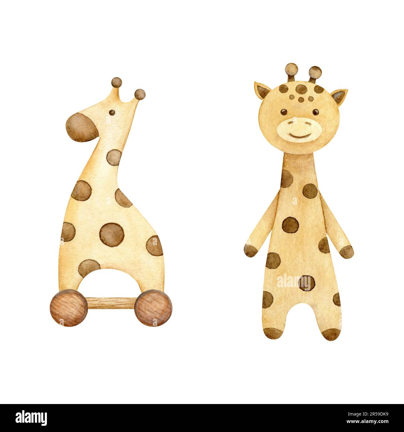 Set di giocattoli in giraffa di legno e ripieni per bambini. Carino animale safari cartone animato. Benvenuto neonato. Illustrazione a acquerello disegnata a mano per poster Foto Stock