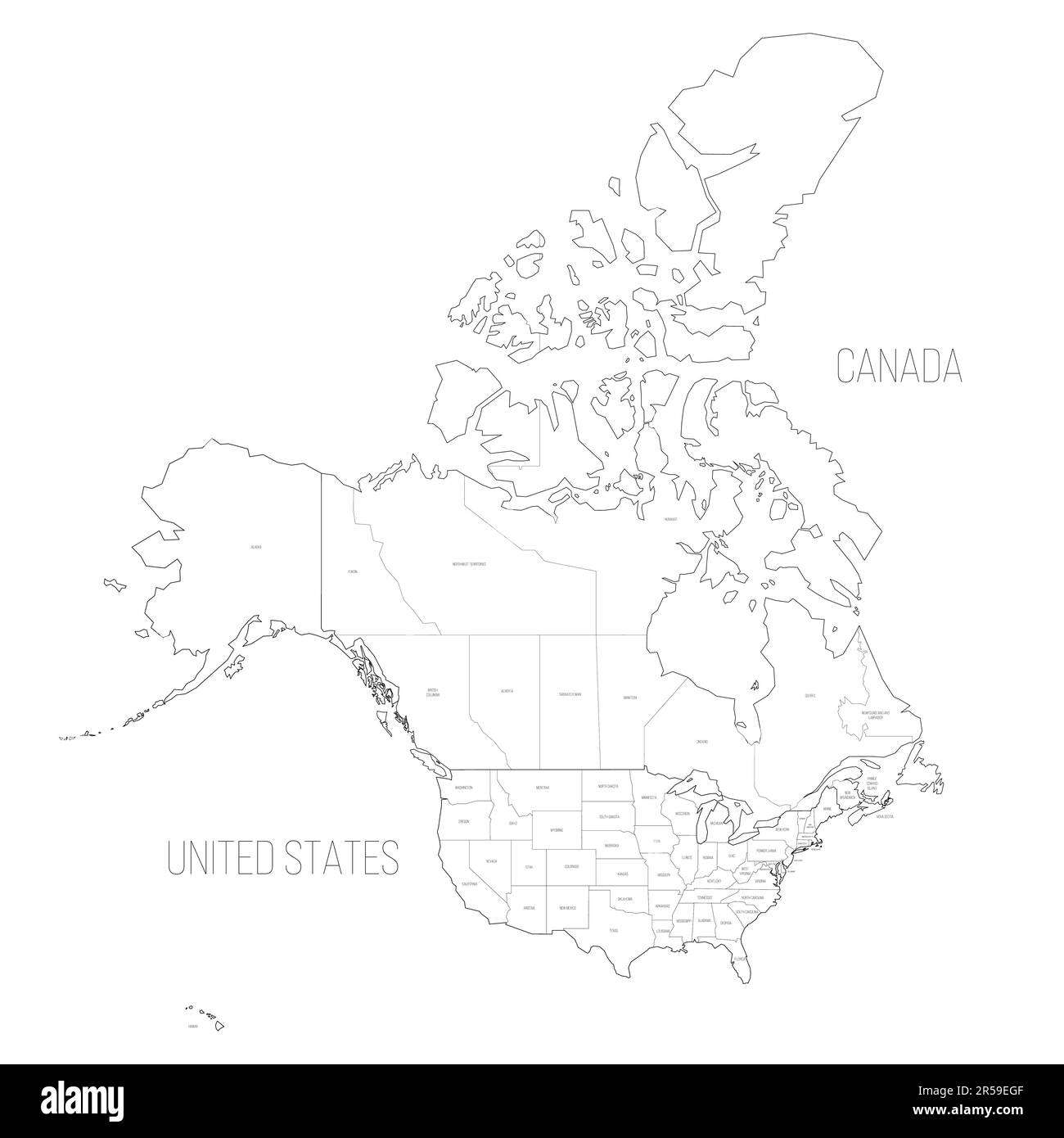 Mappa politica degli Stati Uniti e del Canada delle divisioni amministrative. Mappa vettoriale con contorno nero vuota Illustrazione Vettoriale