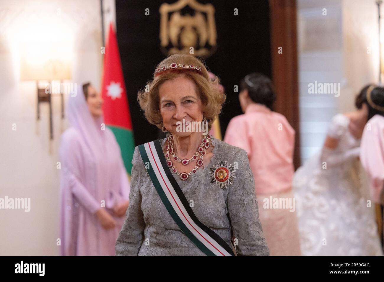 Amman, Giordania. 01st giugno, 2023. La regina Sofia di Spagna partecipa al banchetto di matrimonio reale del principe ereditario Giordano al Hussein bin Abdullah II al Palazzo al Husseinieh di Amman, in Giordania, il 1st giugno 2023. Foto di Balkis Press/ABACAPRESS.COM Credit: Abaca Press/Alamy Live News Foto Stock