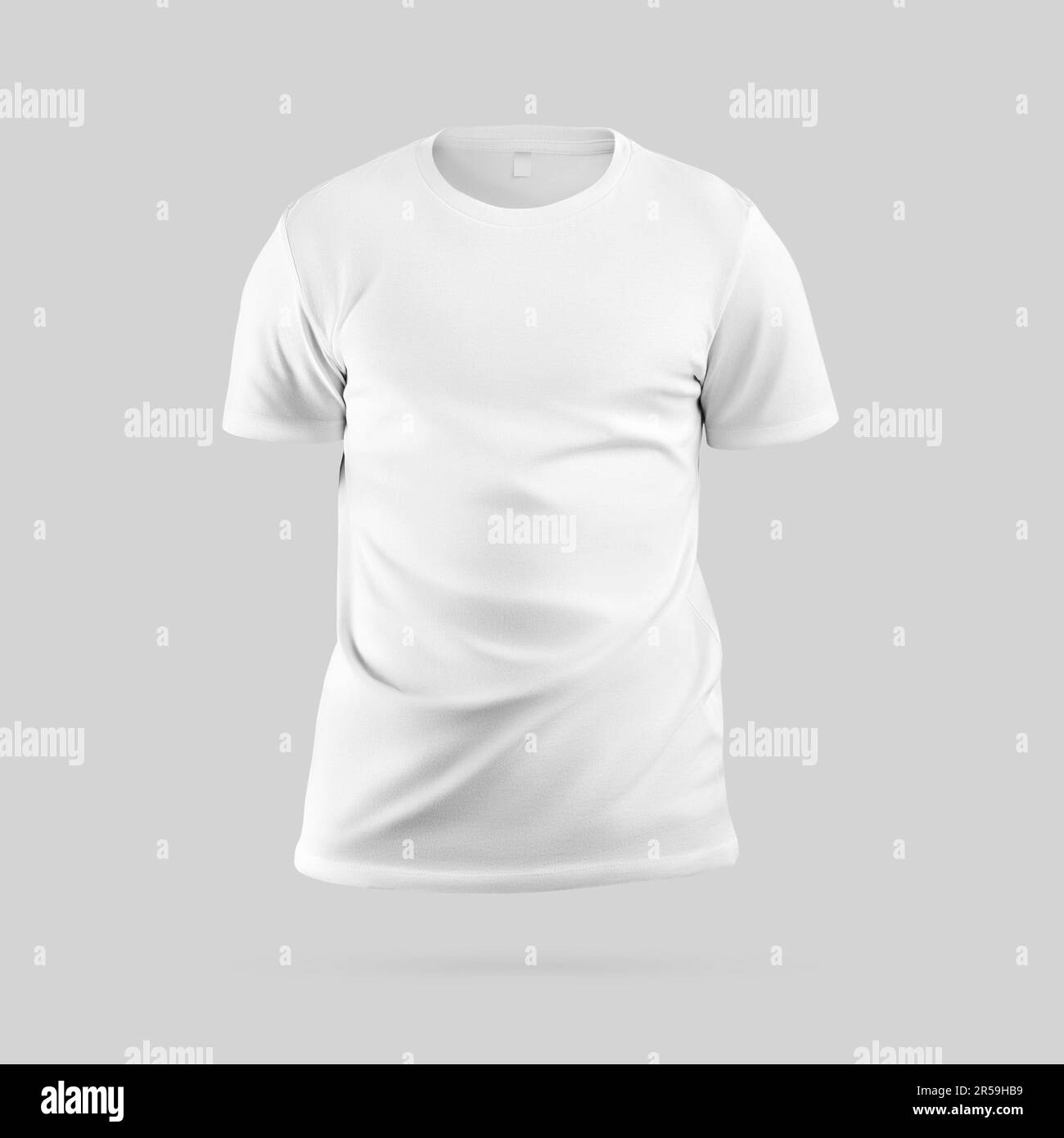 Modello 3D per t-shirt bianca alla moda, abbigliamento da uomo con etichetta, collo rotondo, ombre, per design, stampa, fotografia del prodotto. Maglia texture Foto Stock