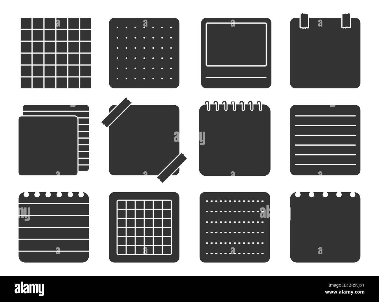 Set di glyph nero per adesivi di note quadrate. Carta punteggiata quadrata rivestita nota silhouette timbro stucco stucco pianificatore notebook design page attività elenco promemoria cornice notebook impronta isolato Illustrazione Vettoriale
