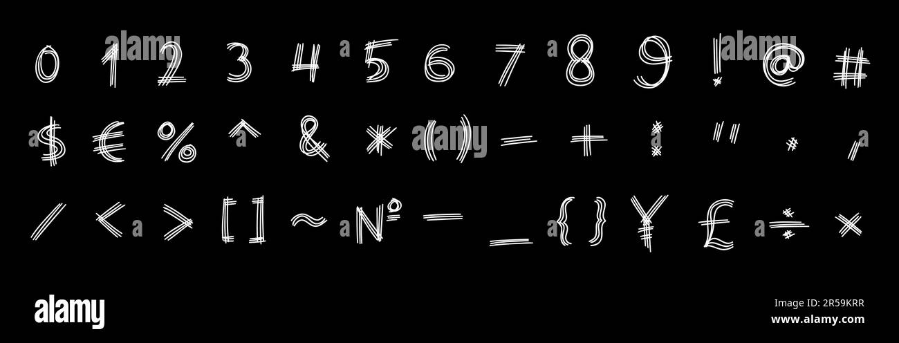 Semplice nero speciale matematico e altri simboli e segni font da 0 a 9. Illustrazione vettoriale in stile doodle disegnato a mano isolato su sfondo bianco Illustrazione Vettoriale