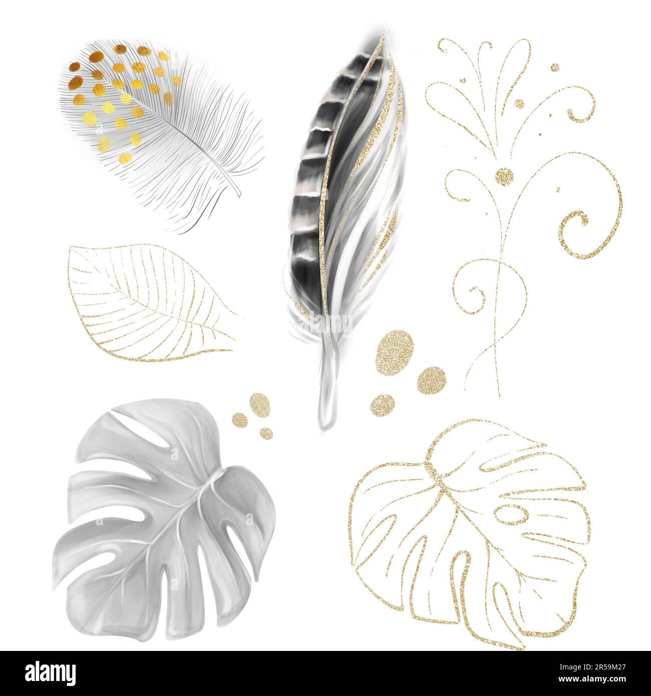 Acquerello fagiano piuma, pennarello. Piuma d'uccello morbida e rovinosa. Monstera foglia d'oro per la creazione di matrimonio design, schede, inviti, scrapbookin Foto Stock
