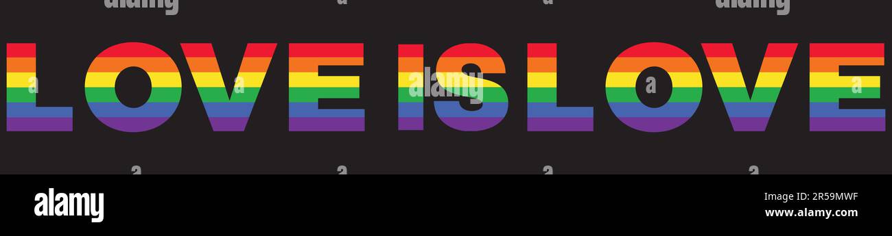 L'amore è arcobaleno di amore, banner di tipografia. Testo di orgoglio isolato su sfondo nero con LGBTQ Rainbow Pride Flag Pattern. Illustrazione vettoriale EPS 10 Illustrazione Vettoriale