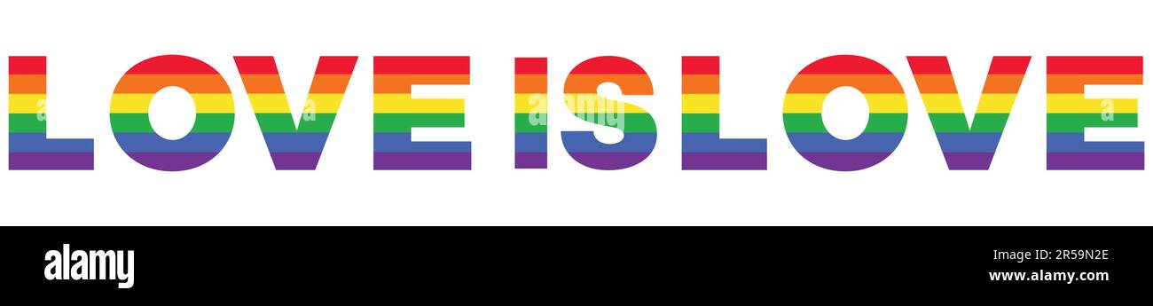 L'amore è arcobaleno di amore, banner di tipografia. Testo di orgoglio isolato su sfondo nero con LGBTQ Rainbow Pride Flag Pattern. Illustrazione vettoriale EPS 10 Illustrazione Vettoriale