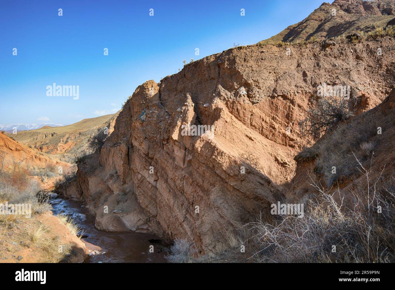 Bella vista delle scogliere da calcare giallo rosso. Konochek, Kirghizistan. Foto Stock