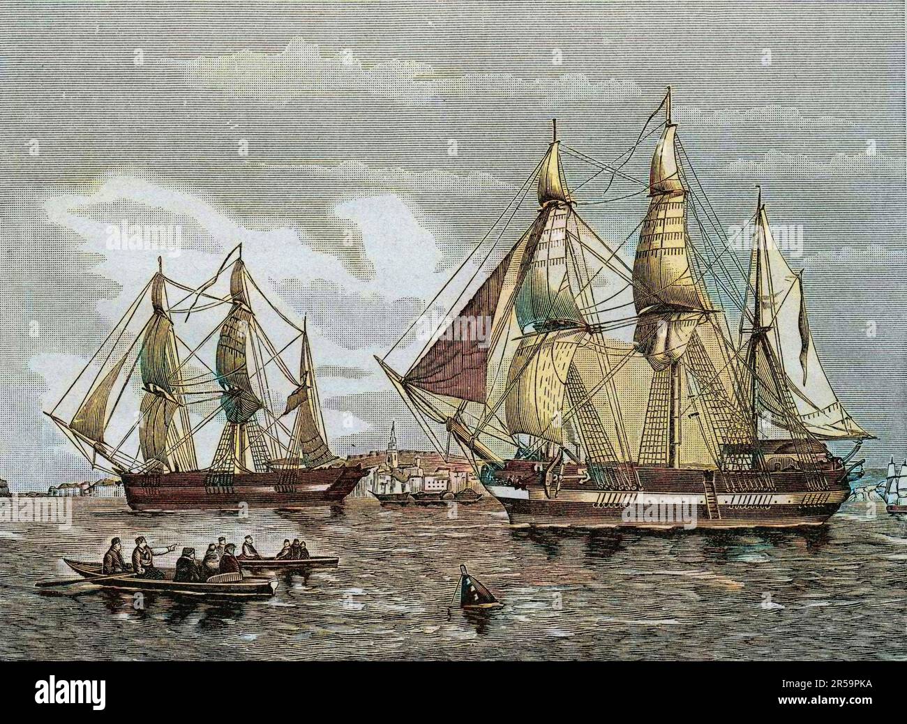 Les navires 'Erebus' et 'terror' lors de l'expedition dirigee par Sir John Franklin (1786-1847), dans les glaces. Il 'Erebus' e il 'terrore' - Sir John Franklin (1786-1847), ufficiale navale britannico ed esploratore artico comandò la spedizione 1845 delle navi 'Erebus' e 'terror' per cercare il passaggio Nord Ovest - tutti i membri della spedizione perirono - Foto Stock