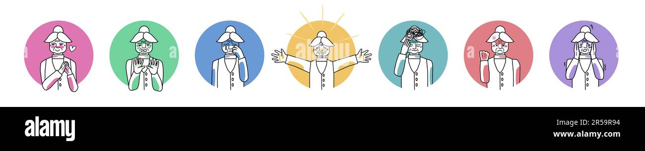 Le emozioni del carattere della vecchia donna in serie di icone del cerchio. Felicità, disgusto e rabbia, tristezza e amore, paura femminile più anziana e stress. Espressione facciale con Illustrazione Vettoriale