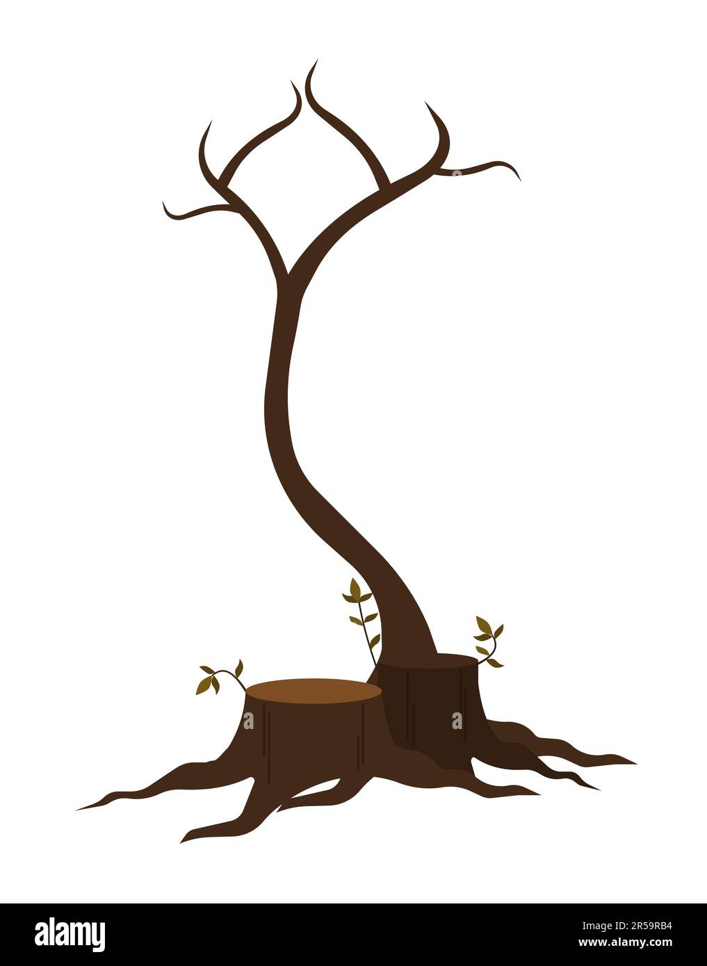 Albero autunnale senza foglie, con due ceppi e radici. Illustrazione del vettore isolato. Oggetto dell'albero del cartone animato di Halloween. Illustrazione Vettoriale