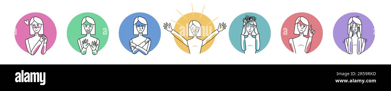 Emozioni personaggio donna in cerchio icone set. Felicità, disgusto e rabbia, tristezza e amore, paura femminile adulta e stress. Espressione facciale con ges Illustrazione Vettoriale