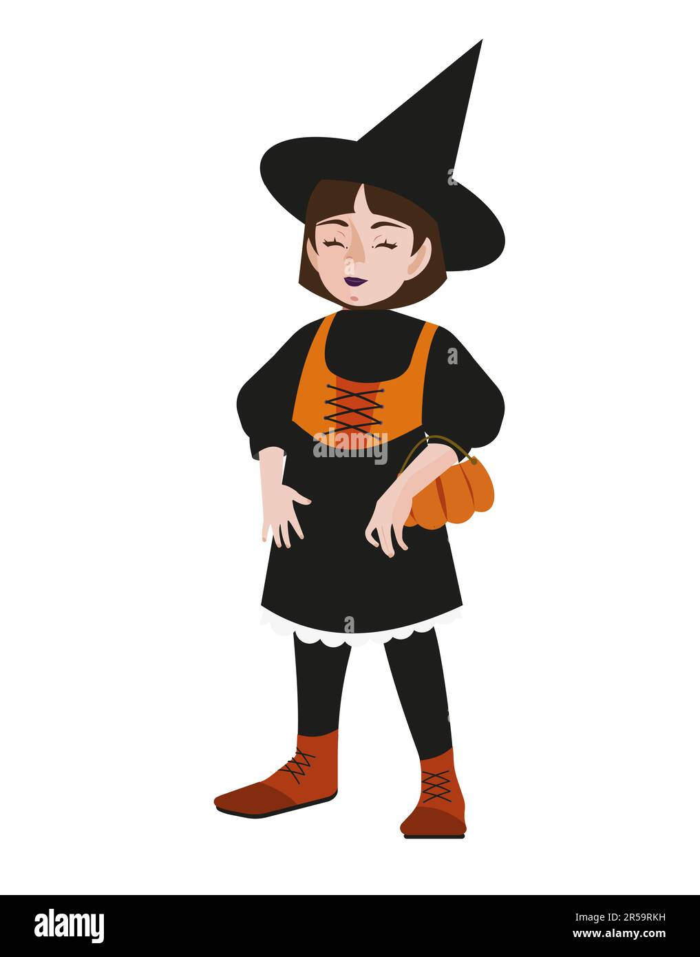 Halloween giovane donna strega con viso gentile, cesto di zucca con caramelle, occhi chiusi. Illustrazione del vettore di disegno piatto isolato. Illustrazione Vettoriale