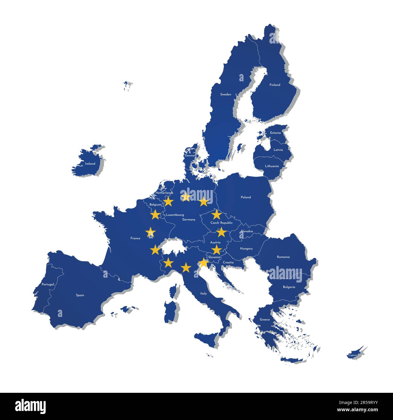 Illustrazione vettoriale con mappa isolata dell'Unione europea e bandiera. Il concetto ha confini di stato di paesi - membri dell'UE. Sfondo bianco Illustrazione Vettoriale
