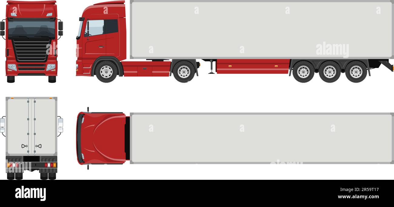 Modello vettoriale per autocarri semirimorchi con colori semplici senza gradienti ed effetti. Vista laterale, anteriore, posteriore e superiore Illustrazione Vettoriale
