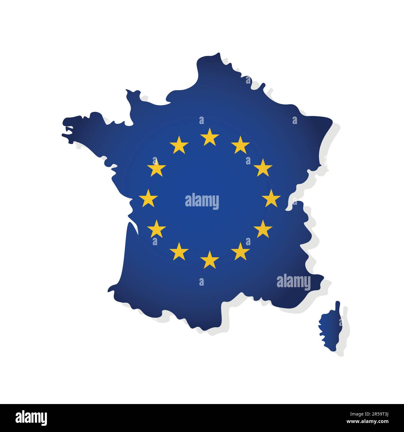 Illustrazione vettoriale con mappa isolata di un membro dell'Unione europea - Francia. Concetto decorato dalla bandiera UE con stelle gialle su sfondo blu Illustrazione Vettoriale