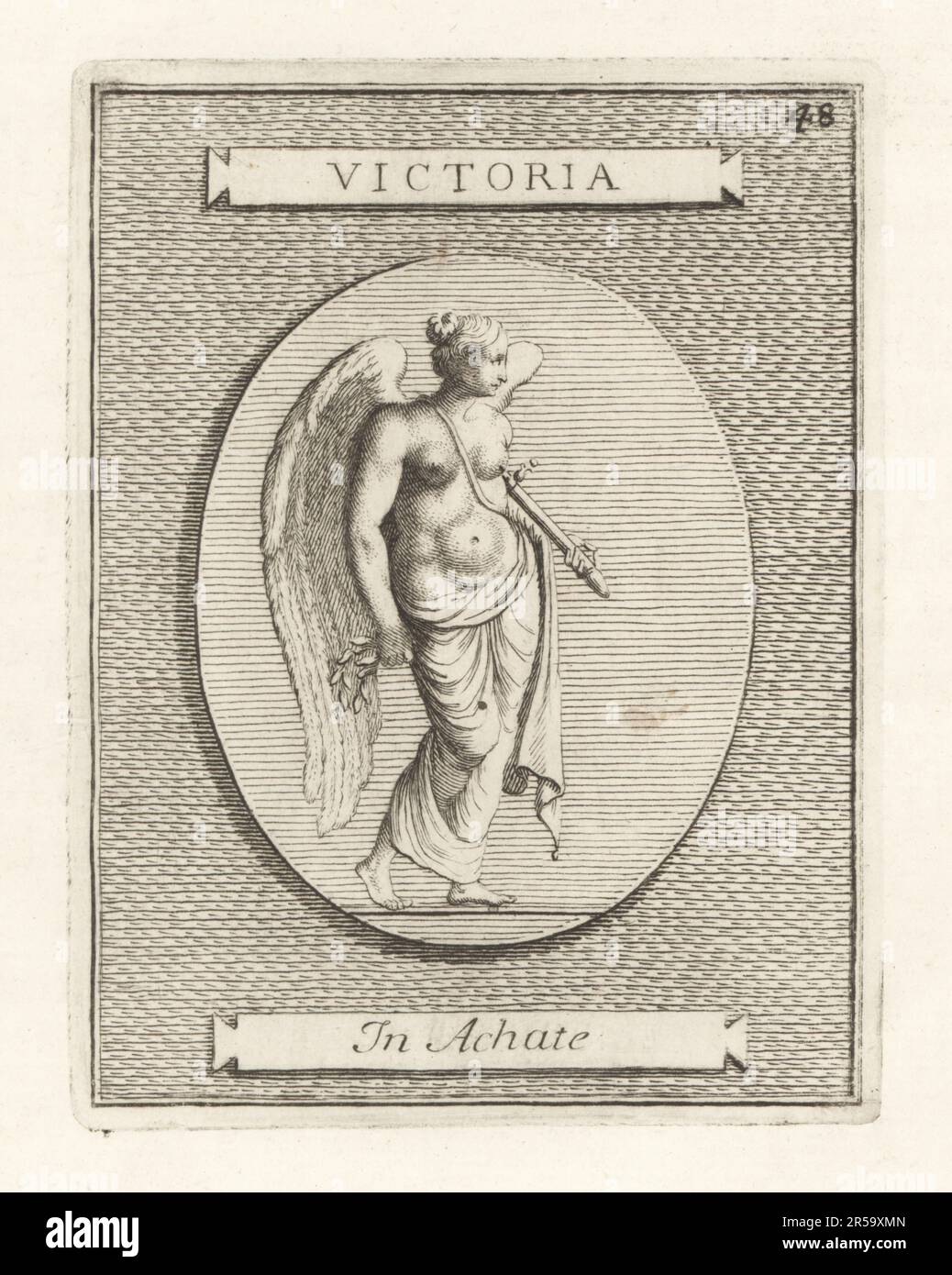 Figura alata di Victoria, divinità romana della vittoria. Indossando una cintura di cingolo d'oro e tenendo una corona di alloro. Da una gemma di agata incisa. Victoria ad Achate. Incisione su copperplate di Francesco Valesio, Antonio Gori e Academia Etrusca di Ridolfino Venuti, Museo Cortonense in quo Vetera Monumenta, (Accademia Etrusca o Museo di Cortona), Faustus Amideus, Roma, 1750. Foto Stock