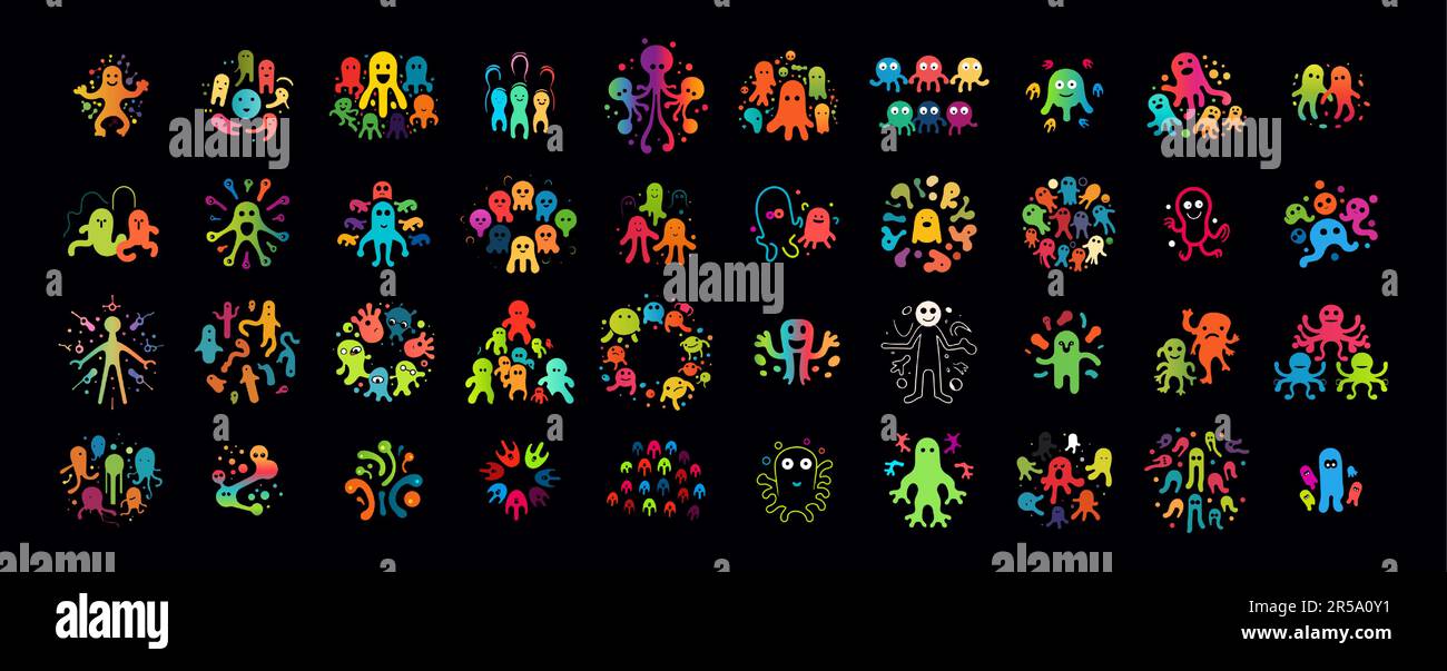 Icone di argilla giocose - illustrazioni vettoriali colorate di batteri bambini astratti. Illustrazione vettoriale. Illustrazione Vettoriale
