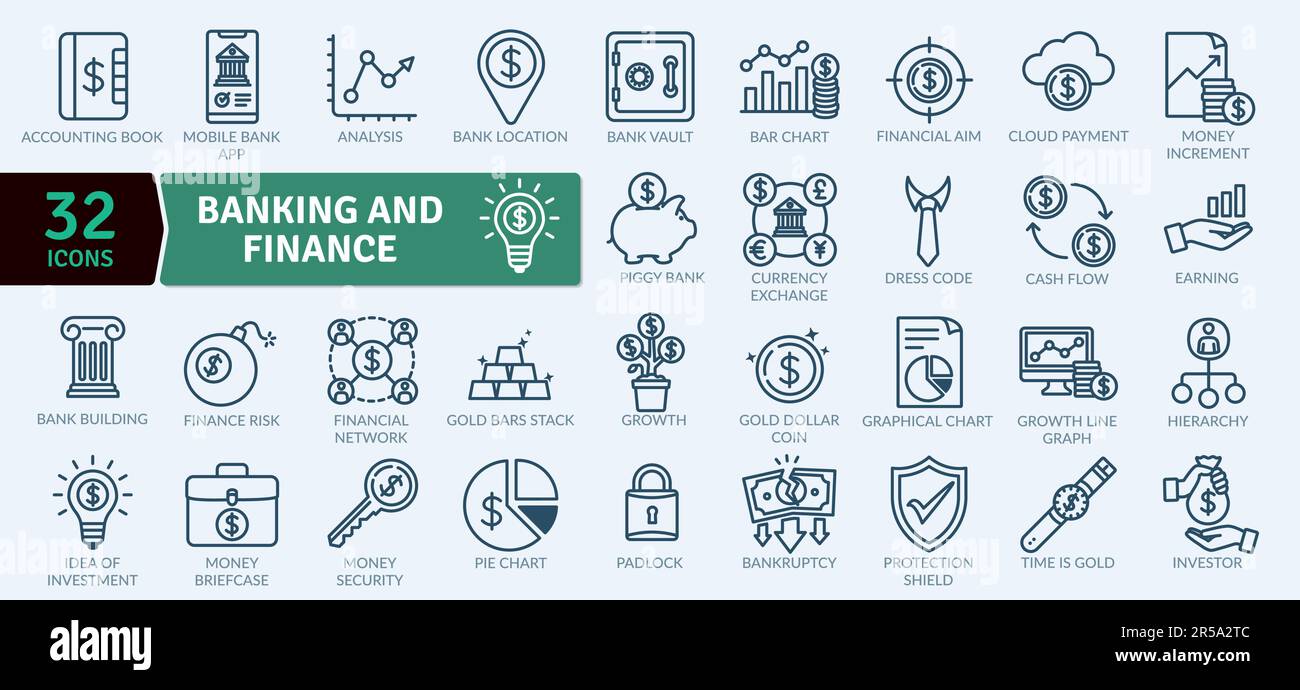 Pacchetto icone banking e finanza.Set di icone linea sottile. Icone vettoriali semplici Illustrazione Vettoriale