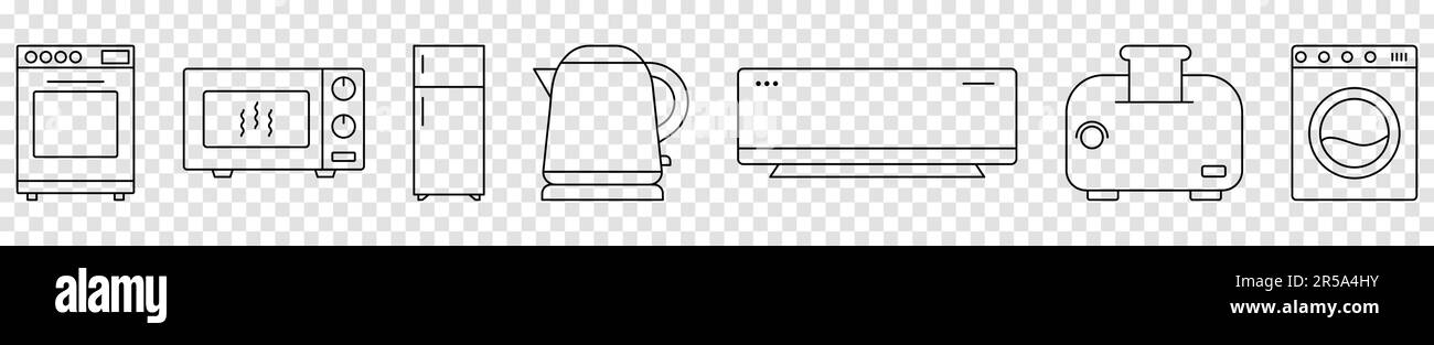 Set icone linea elettrodomestici da cucina. Forno a convezione, microonde, frigorifero, bollitore, aria condizionata, tostapane, lavatrice Illustrazione Vettoriale