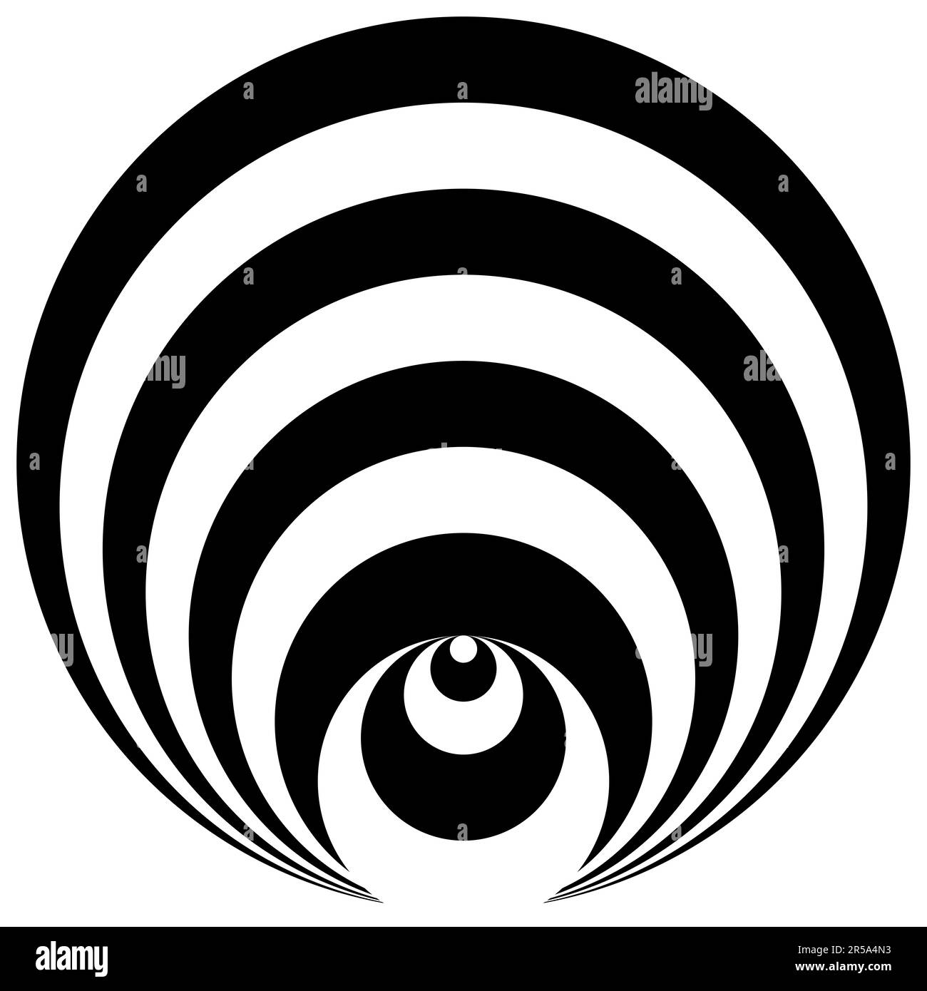 Modello astratto. Cerchi concentrici sovrapposti in bianco e nero. Percezione ingannevole della prospettiva. Foto Stock