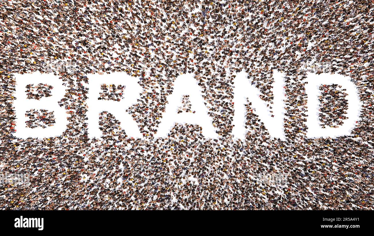 Grande comunità concettuale di persone che formano la parola MARCHIO. 3d metafora dell'illustrazione per il commercio, l'identità corporativa, il disegno moderno, marchio Foto Stock