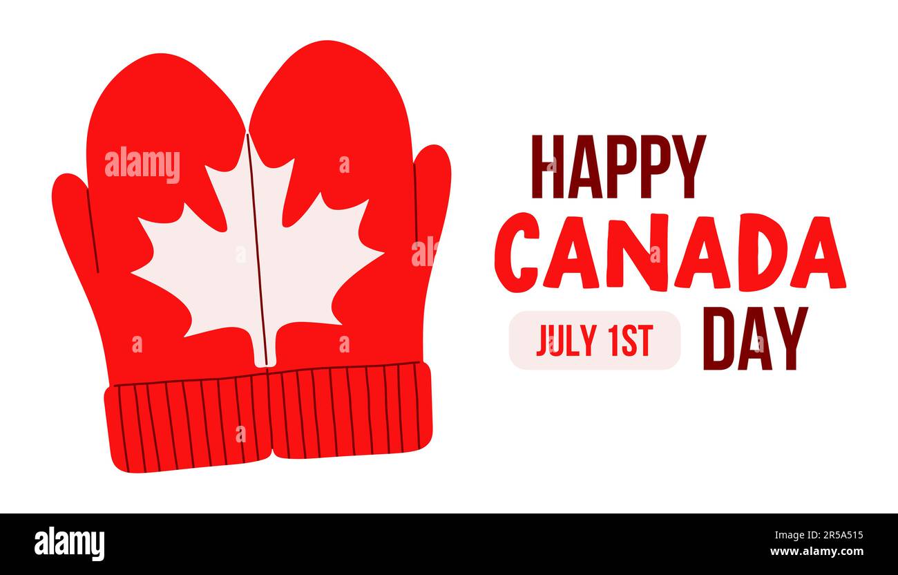 Buon Canada Day con i mitens e foglia di acero. Tipografia vettoriale per biglietti d'auguri, decorazioni e coperture. Illustrazione Vettoriale