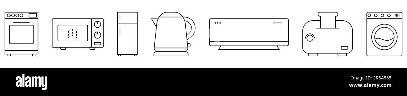 Set di icone linea elettrodomestici da cucina. Forno a convezione, microonde, frigorifero, bollitore, aria condizionata, tostapane, lavatrice. Illustrazione vettoriale Illustrazione Vettoriale