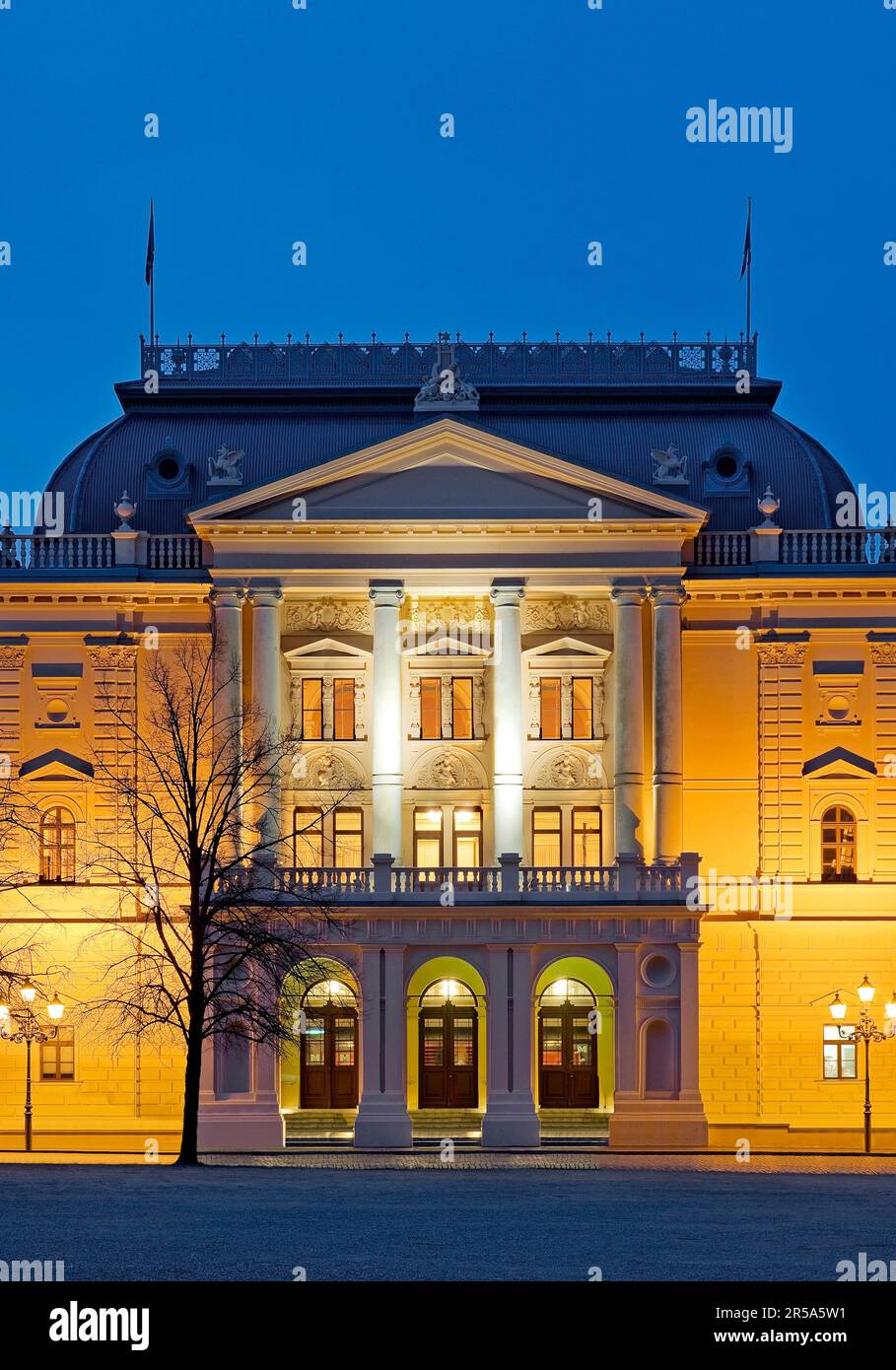 Teatro Statale del Meclemburgo-Pomerania occidentale illuminato in serata, Big House, Germania, Meclemburgo-Pomerania occidentale, Schwerin Foto Stock