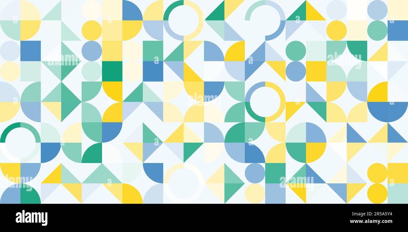 Disegno geometrico astratto nei freschi colori verde, giallo e blu. Forme semplici, forma e figure sfondo mosaico. Stampa neo Geo Style, vettoriale Illustrazione Vettoriale