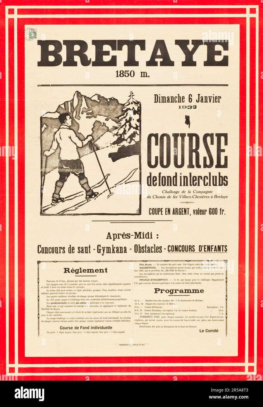 Bretaye, Course Defond Interclubs - gara di sci. Svizzera Travel Posters (1929) artista sconosciuto. Foto Stock