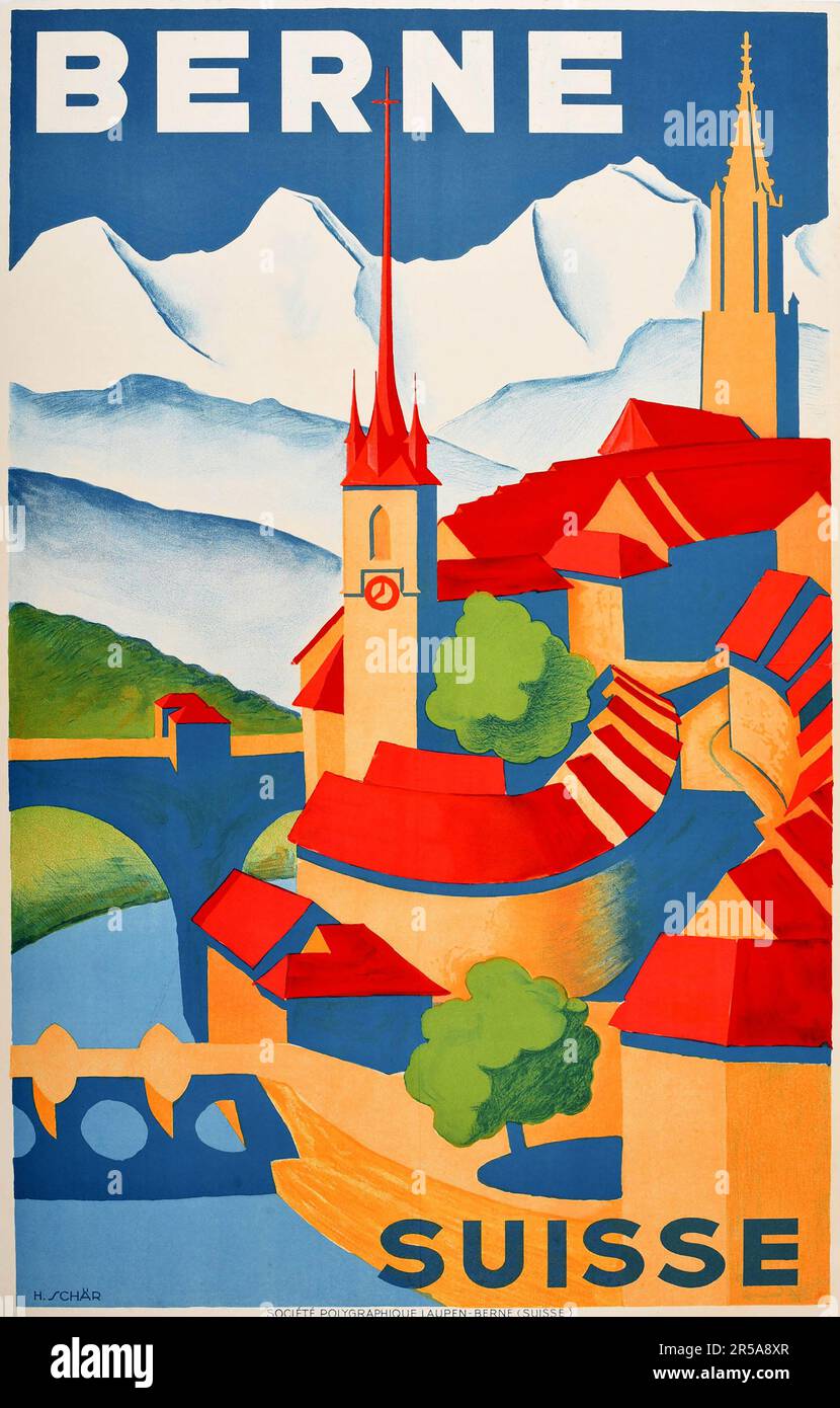 Poster di viaggio d'epoca - Berna (Berna) Svizzera Art Deco Old City River, Suisse, Svizzera, Schweiz Foto Stock